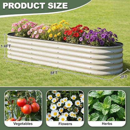 1MORE Galvanized Raised Garden Bed- Planter Garden Boxes Outdoor, Raised Beds for Gardening,Metal Garden Bed Kit for Vegetables Flower, Planter Raised Beds.8x2x1.4ft White-2pcs