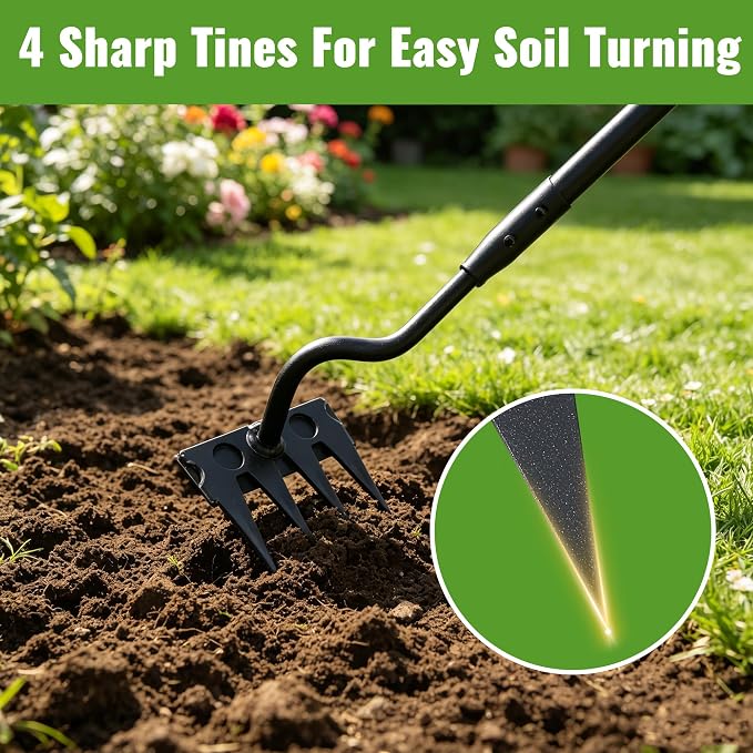Weeding Rake Long Handle,70 Inch Manual Weeder Tool for Weeding Loosening Soil Cultivating Heavy Duty Metal 4 Teeth Weed Puller Tool for Backyard, Lawn, Garden Beds