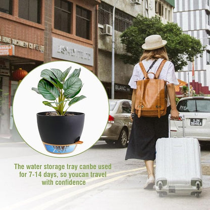 WSMKSZ 10 inch Self Watering Pots, 2 Pack Plastic Planters with Mesh Drainage Holes for Garden Plants and Flower, Plants Pots with Deep Reservoir for Indoor Outdoor Plants, Black with Brown