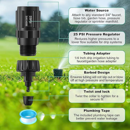8 Set Drip Irrigation Faucet Adapter Kit, 25 PSI Garden Hose Pressure Regulator, 1/4'' Drip Irrigation Tubing to 3/4'' Faucet, Plumbing Tape