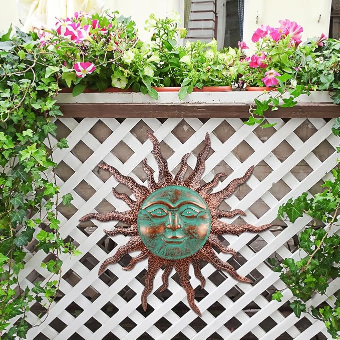 VEWOGARDEN Sun Outdoor Wall Decor, 30" Waterproof Large Metal Wall Art for Home Outside Patio Garden Fence Decorations, Brown & Green