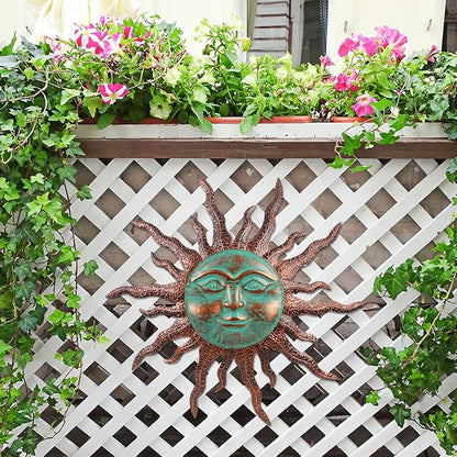 VEWOGARDEN Sun Outdoor Wall Decor, 30" Waterproof Large Metal Wall Art for Home Outside Patio Garden Fence Decorations, Brown & Green
