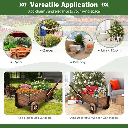 Giantex Wooden Wagon Planter Box, Decorative Wagon Cart with Wheels, Handles, Drainage Hole, Flower Planter Pot Stand, Rustic Flowerpot Planter, Indoor & Outdoor Garden Patio Balcony