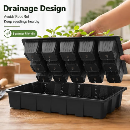Gardzen 10-Pack Seed Starter Kits, Reusable Plant Germination Trays with Total 150-Cell, Seed Starter Tray with Humidity Vented Domes and Bases for Starting Vegetable Flower Herb Seeds 15" x 9", Black