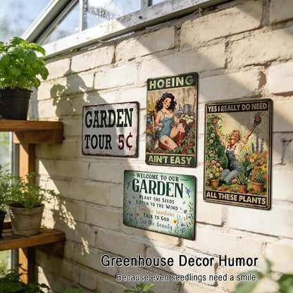 Funny Garden Sign for Outside Garden Decor Plant Lovers Gift | Vintage Gardening Gifts for Women Gardeners Farmhouse Backyard Greenhouse Wall Art Decor Hoeing Ain't Easy Tin Sign 12x8 Inch