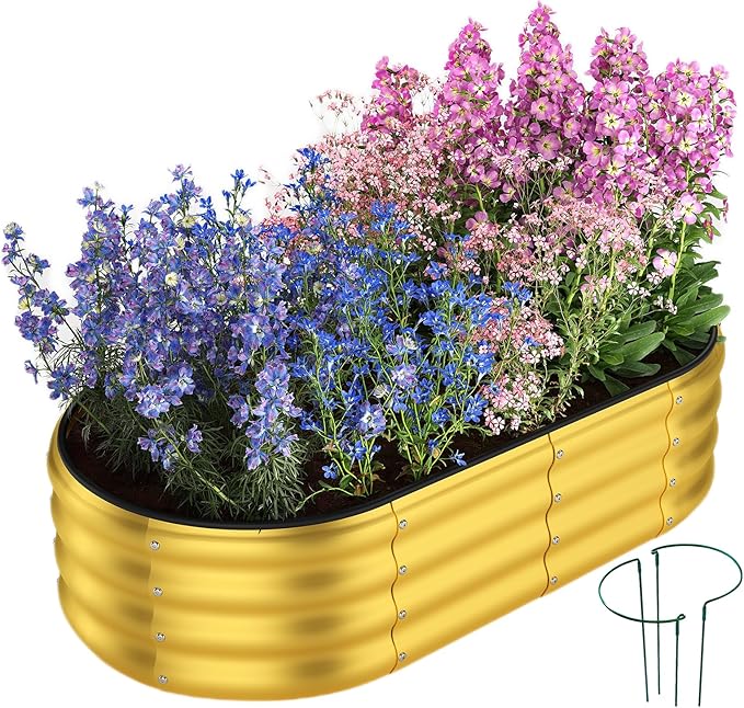 ZFHgarden Galvanized Metal Planter Round Raised Garden Bed Kit for Gardening Outdoor Garden Box Raised Flower Bed 1PC Gold 4X2X1FT