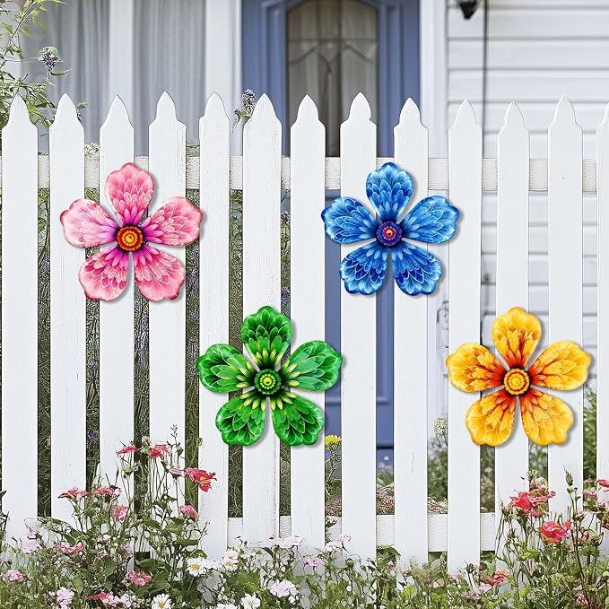 4-Pack Metal Flower Wall Decor, Outdoor Fence and Garden Art | Outdoor Wall Decor art, Easy To Hang, Ideal for outdoor fences, gardens, patios, yards and exterior walls