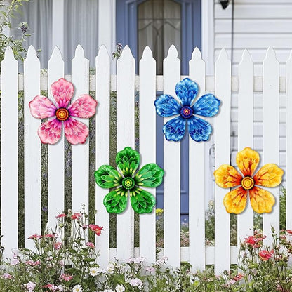 4-Pack Metal Flower Wall Decor, Outdoor Fence and Garden Art | Outdoor Wall Decor art, Easy To Hang, Ideal for outdoor fences, gardens, patios, yards and exterior walls