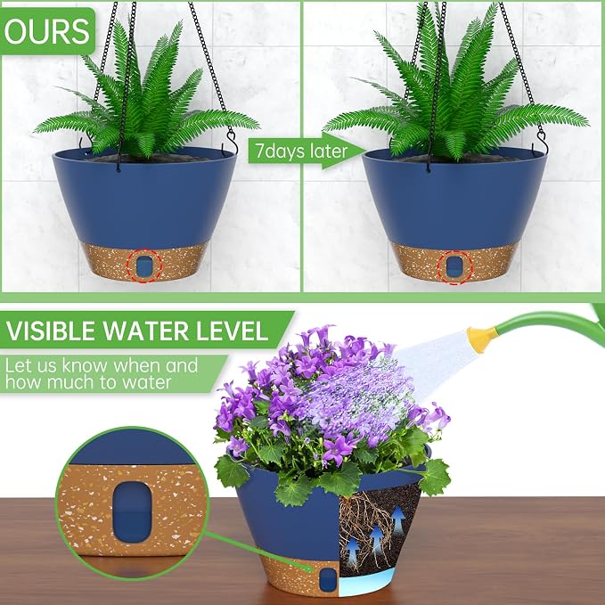 ZMTECH 2 Pack 8 Inch Hanging Baskets for Plants Outdoor Indoor, Modern Blue Planters with Water Level Window & Metal Chain for Balcony Patio Garden Home Decor
