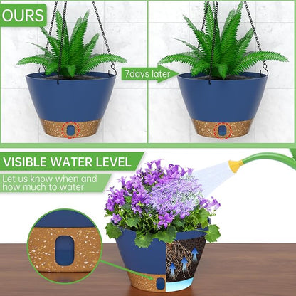 ZMTECH 2 Pack 10 Inch Hanging Baskets for Plants Outdoor Indoor, Modern Blue Planters with Water Level Window & Metal Chain for Balcony Patio Garden Home Decor