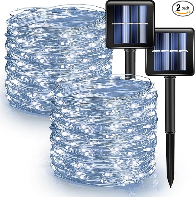 Dazzle Bright 2 Pack Solar String Lights Outdoor, Total 80FT 240LED Solar Powered Waterproof Fairy Lights 8 Modes, Copper Wire Lights for Christmas Patio Party Tree Yard Decoration (White)