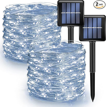 Dazzle Bright 2 Pack Solar String Lights Outdoor, Total 80FT 240LED Solar Powered Waterproof Fairy Lights 8 Modes, Copper Wire Lights for Christmas Patio Party Tree Yard Decoration (White)