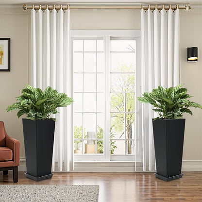 FENCY Set of 2 Tall Planters for Outdoor Plants, Black | 24 Inch Plant Pots with Drainage Hole & Trays, Plastic Tapered Flower Pots for Plants, Weather-Resistant