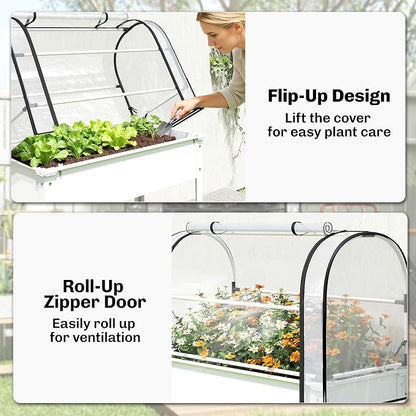 Outsunny Raised Garden Bed with Flip-Up Greenhouse Cover, Metal Elevated Garden Bed with Legs and Drainage Hole, Outdoor Raised Planter Box for Vegetables Herbs Flowers, 39.4" x 19.3" x 53.5", White
