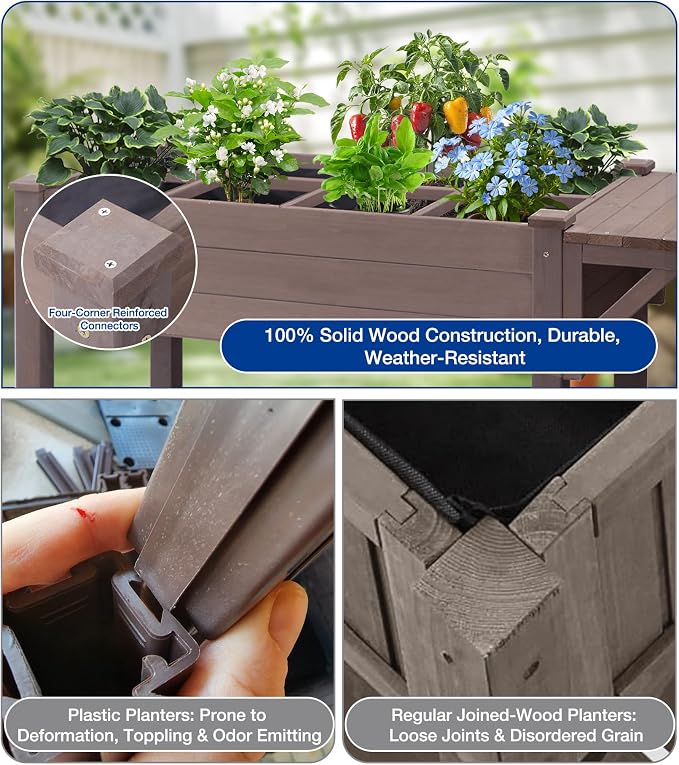 Raised Garden Bed Outdoor with Wheels, 52.7" Elevated Wooden Garden Bed with 8 Planter Boxes, Removable Dividers, Storage Shelf, Standing Mobile Planter with Non-Woven Liner