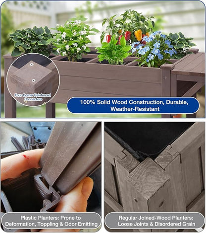 Raised Garden Bed Outdoor with Wheels, 52.7" Elevated Wooden Garden Bed with 8 Planter Boxes, Removable Dividers, Storage Shelf, Standing Mobile Planter with Non-Woven Liner