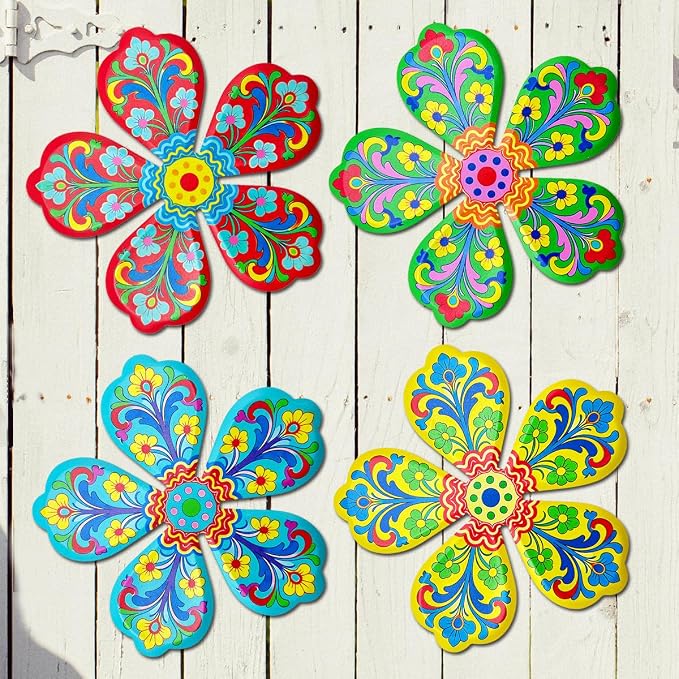 Giyyomtr Metal Flowers Wall Decor - 4pcs Metal Flower Wall Art Hanging Decorations for Outdoor Fence Garden Yard Patio Decor