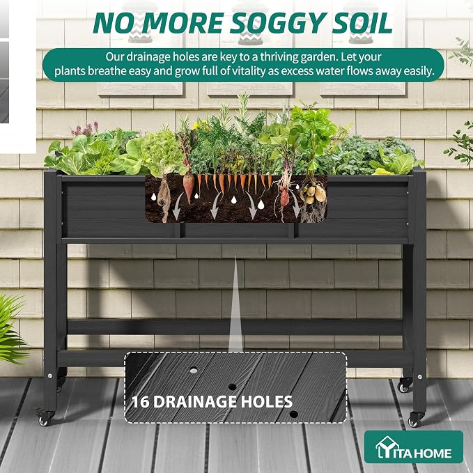 YITAHOME Raised Garden Bed HDPE, 47x18x31 in Raised Planter Box with Legs Poly-Wood Weather-Resistant Elevated Planter Box with Lockable Wheels for Vegetables, Herb Garden Bed, Black