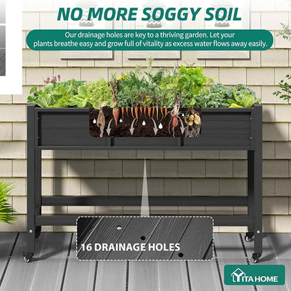 YITAHOME Raised Garden Bed HDPE, 47x18x31 in Raised Planter Box with Legs Poly-Wood Weather-Resistant Elevated Planter Box with Lockable Wheels for Vegetables, Herb Garden Bed, Black
