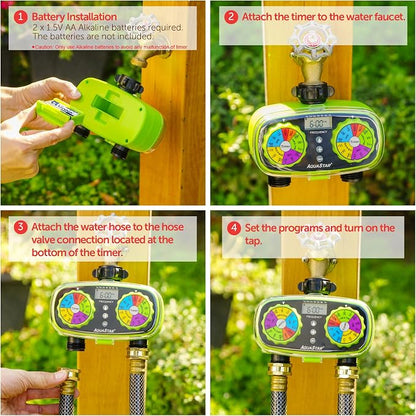 AQUASTAR Two-Zone Hose Watering Timer (Green), Automatic Irrigation for Lawn, Garden, Yard, Two Outlets