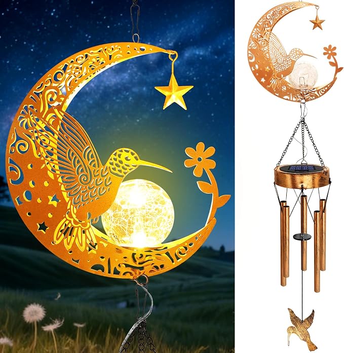 2Pack Solar Moon Hummingbird Wind Chimes, Gifts for Mom Women Men Sympathy Birthday Mothers Day, Hanging Outdoor Decor Cracked Glass Ball Memorial Large Wind Chimes for Garden Patio Porch