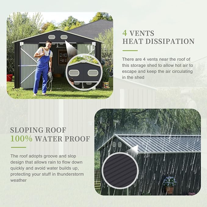 YOPTO 12X10 FT Metal Outdoor Storage Shed W/Flower Pot Stand,Dark Gray | 3 Lockable Doors,Air Vent,Sloped Roof,Reinforced Structure,Waterproof Outdoor Shed for Garden,Patio,Backyard,Lawn