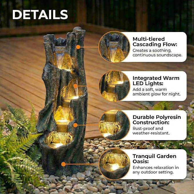Outdoor Waterfall Fountain with LED Lights, Freestanding Tree Design Garden Water Feature, Fiberglass Resin Construction, Easy Setup for Patio Backyard Lawn Porch