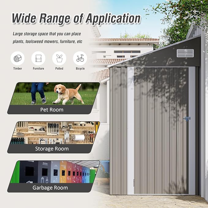 YOPTO 4x8 FT Lean to Shed, Outdoor Metal Storage Sheds with Lockable Door,Garden Tool Shed with Sloping Roof for Backayrd, Patio,Lawn,Gray
