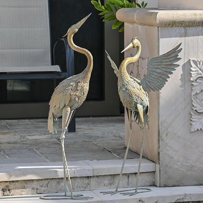 TERESA'S COLLECTIONS Garden Decor, Set of 2 Cranes Garden Decor, 25-26", Elegant Cranes with Golden Painting, Waterproof Metal Garden Statue, Herons Gifts Birthday Gifts for Women Mom