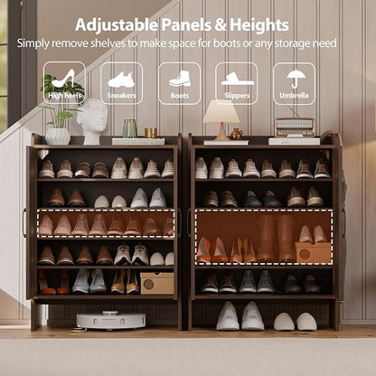 Mericonia Farmhouse Shoe Cabinet with Doors, Modern Large 5-Tier Shoe Storage Cabinet with Adjustable Shelves, Wooden Shoe Organizer for Entryway, Hallway, Closet, Bedroom, Living Room (Walnut)