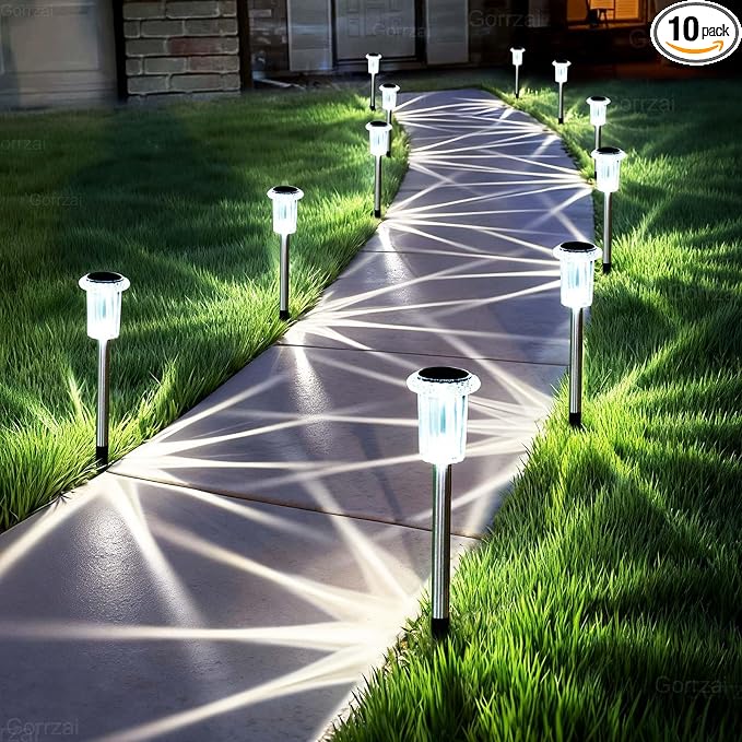 Solar Pathway Lights 10 Pack Solar Lights Outdoor Waterproof 6000K Cold White Yard Lighting, LED Stainless Steel Stake for Garden Outside Landscape Lawn Driveway Walkway Path