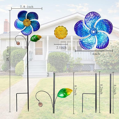 Viveta 2 Pack Wind Spinners with Metal Stake, Outdoor Garden Pinwheels | Blue Flower Shape Design Garden Spinners for Yard Lawn Patio Decor ,28.7 inches