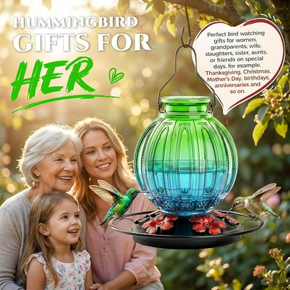 2 Pack Glass Hummingbird Feeder for Outdoors Hanging, Bird Nectar Feeder with Perch & 5 Flower Feeding Ports, 26 Oz Leak Proof for Outside Garden Decor Backyard, Gifts for Women Mom, Red + Green Blue
