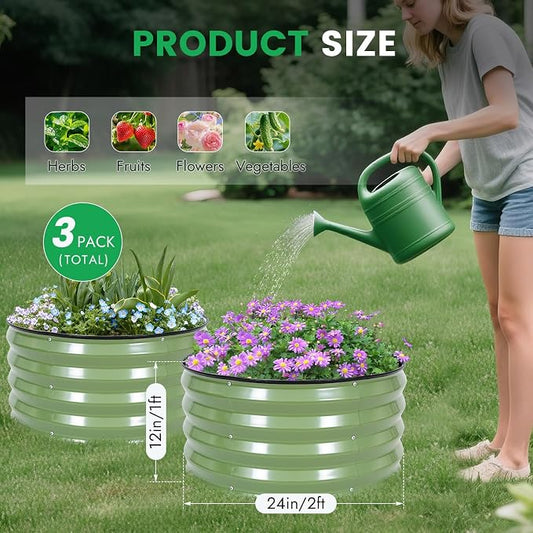 INNO STAGE 3 Pcs Round Galvanized Raised Garden Bed — 2×2×1ft Planter Box Outdoor Raised Beds Kit for Gardening Vegetables, Fruits, Herbs, and Flowers, Olive Green