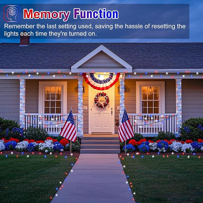 Red White and Blue Lights, 66FT 200 LED 4th of July String Lights Outdoor, Waterproof 8 Modes Connectable Plug In Patriotic Decorations Light for Indoor Independence Memorial Day Party Holiday