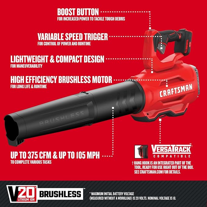 CRAFTSMAN V20 Cordless Leaf Blower, Battery & Charger Included (CMCBL720M1)