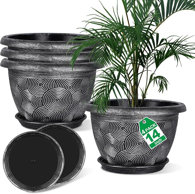 14-Inch -Plastic-Pots -For-Plant With Saucer, 4 Pack Outdoor Planters With Drainage Holes, Decorative Flower Pots For Indoor Plants, Modern 3D Swirl Silver Large Plant Pots With With Removable Tray
