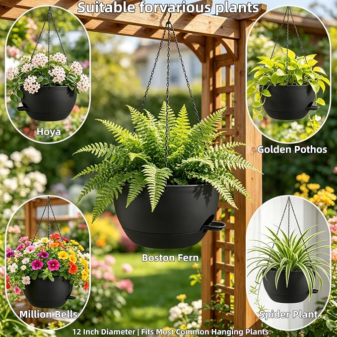 12" Self Watering Hanging Planters with Chains, Black, 2 Pack | 43 Oz removable self-watering reservoir, for indoor/outdoor plants, patio & garden