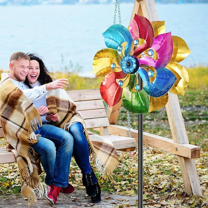 Double Sided Wind Spinner Outdoor Metal Wind Sculpture with Adjustable Height Pole & 5 Prong Base, Rainbow Floral Kinetic Wind Art Decor for Yard Garden Lawn Patio Outside Decoration