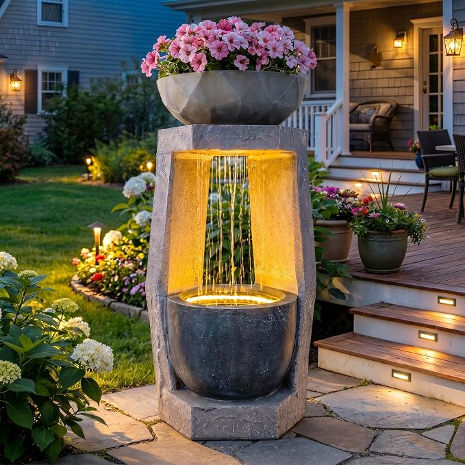 32" Modern Geometric Outdoor Fountain with Birdfeeder | Two Bowls Water Feature with LED Lights, Resin Soothing Cascading Waterfall for Patio, Backyard, Garden or Porch