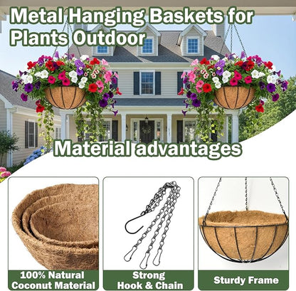 4 Pack 12 Inch Hanging Baskets for Plants Outdoor Metal Hanging Planter Basket with Coco Coir Liner Hanging Flower Baskets Hanging Flower Pots Holder for Garden, Patio(Watermelon)