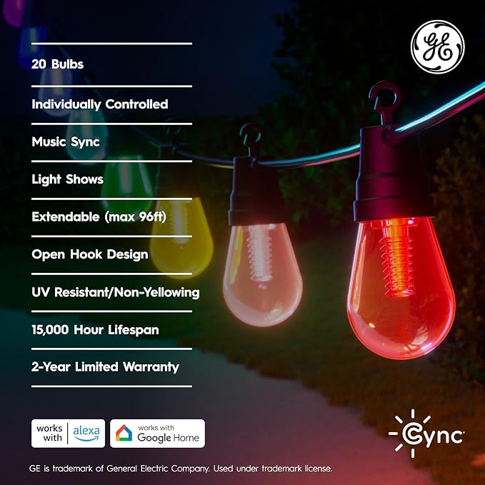 GE Cync Dynamic Effects Smart Cafe Lights, Color Changing Patio String Lights, Compatible with Alexa and Google, 48ft