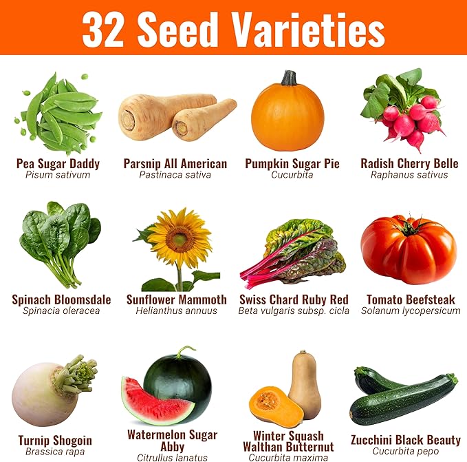 Vegetable & Fruit Seeds | 32 Individual Packs | 2026 Season | Non-GMO, High Yield - 15,000+ Seeds | Tomato, Cucumber, Zucchini, Bell Pepper and More | for Indoor & Outdoor Garden Planting