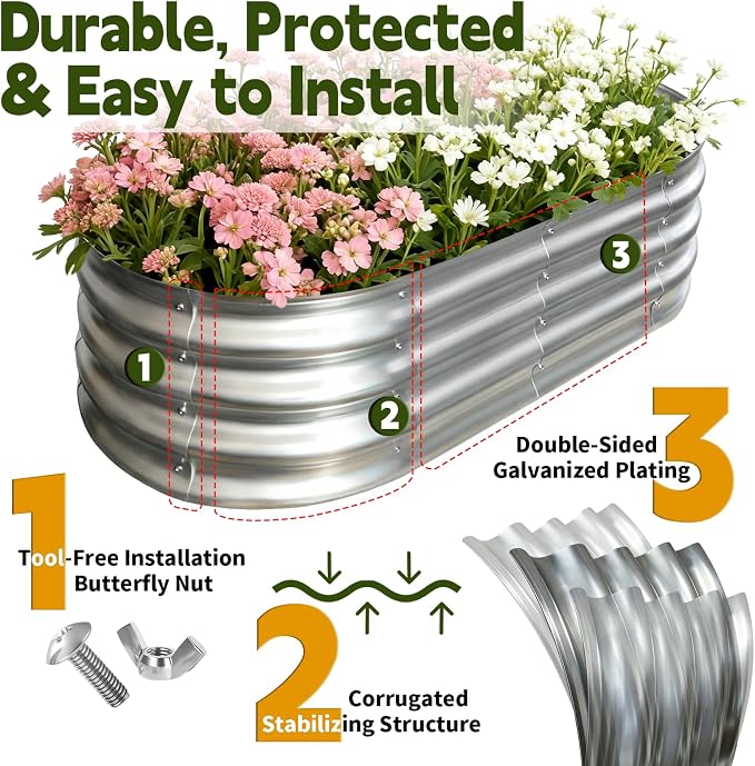 Galvanized Raised Garden Bed Outdoor, Large Raised Bed for Gardening, 4Pcs 4x2x1ft Oval Metal Planter Box for Vegetables, Fruits, Flowers, Silver