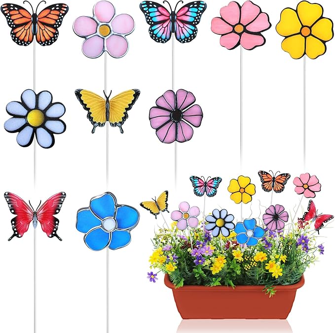 10 Pcs Metal Flower Garden Stake for Outside Outdoor 11.8" 5D Summer Flowers Butterfly Metal Sign Waterproof Decoration Landscape Ornament for Lawn Yard Garden Patio Porch Art