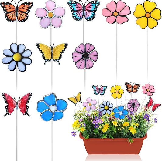 10 Pcs Metal Flower Garden Stake for Outside Outdoor 11.8" 5D Summer Flowers Butterfly Metal Sign Waterproof Decoration Landscape Ornament for Lawn Yard Garden Patio Porch Art