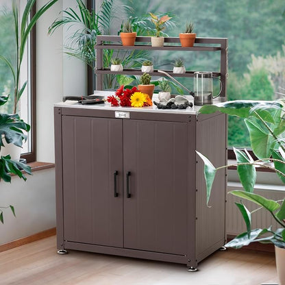 Feasto Outdoor Potting Bench Table with Storage Cabinet, Brown | Stainless Steel Garden Workstation, Raised-Edge Top, Adjustable Shelf & Removable Hutch, Patio, Balcony & Outdoor Workspace