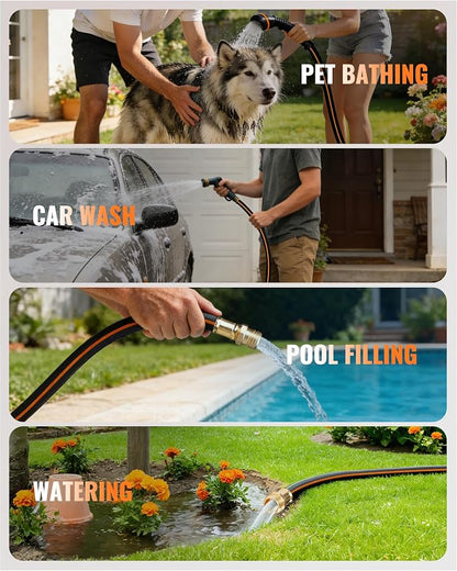 100FT x 5/8" Rubber Garden Hose, Heavy Duty Garden Water Hose, 300 PSI Working, 1000 PSI Burst, Swivel Handle with Stainless Steel Ring, 5-Layer Braided, All-Weather Outdoor Use, BG100GH06