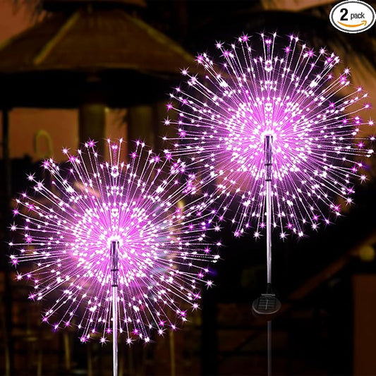 JJGoo Solar Firework Lights, 2 Pack 120 LEDs 2 Lighting Modes Solar Garden Lights Outdoor Waterproof for Yard Patio Walkway Pathway Party Wedding Christmas Decorative - Pink