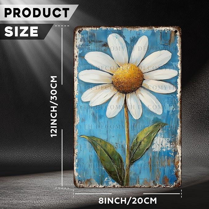 Vintage Daisy Flower Tin Sign Retro Garden Metal Poster Funny Wall Art Cafe Office Home Bar Plub Club Shop Toilet Indoor Man Cave Farmhouse Accessories Bathroom Farm Garden Plaque 12 * 8inch